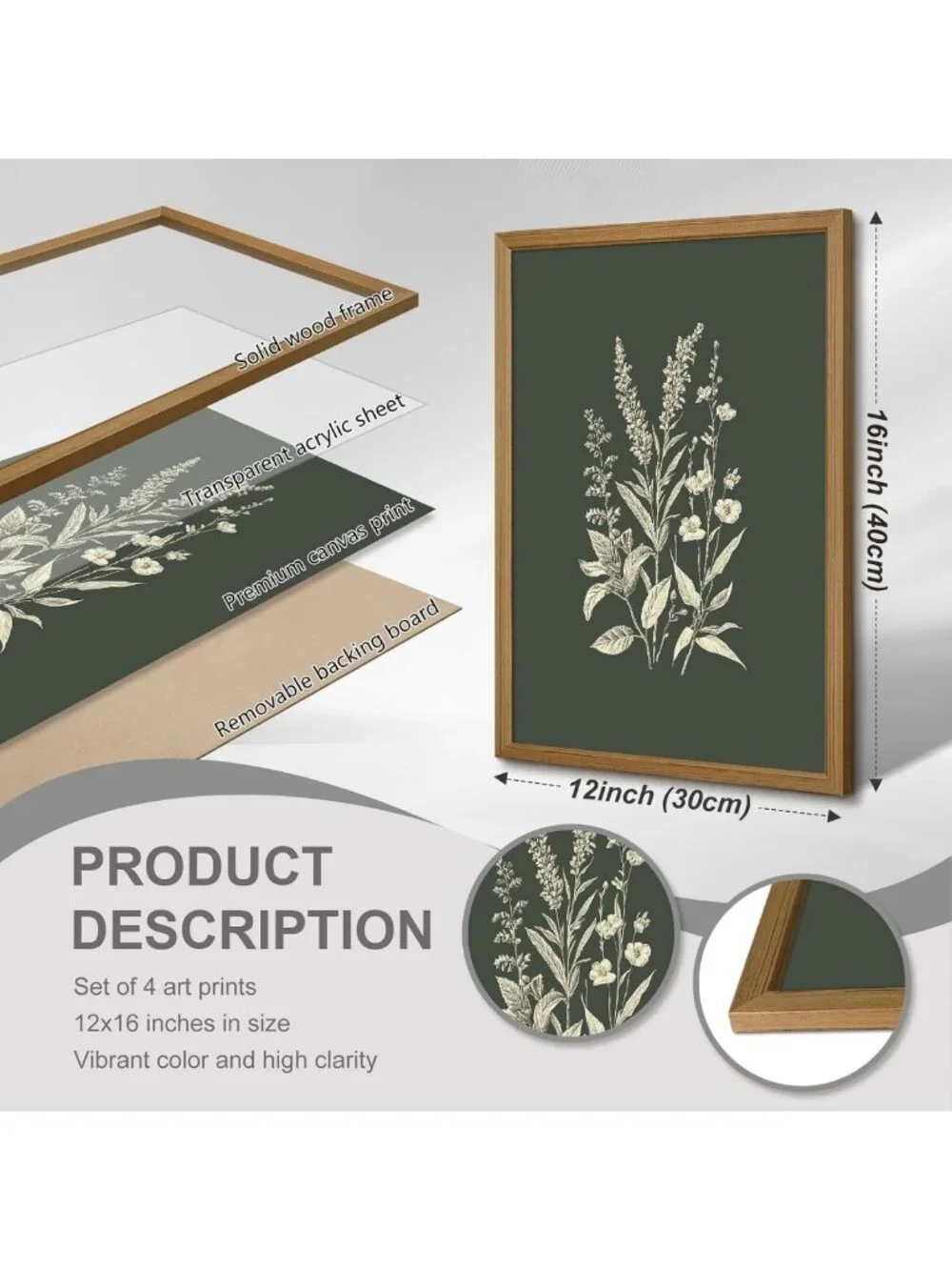 Vintage Floral Wall Art Set of 4 - Rustic Botanical Canvas Prints for Home Decor